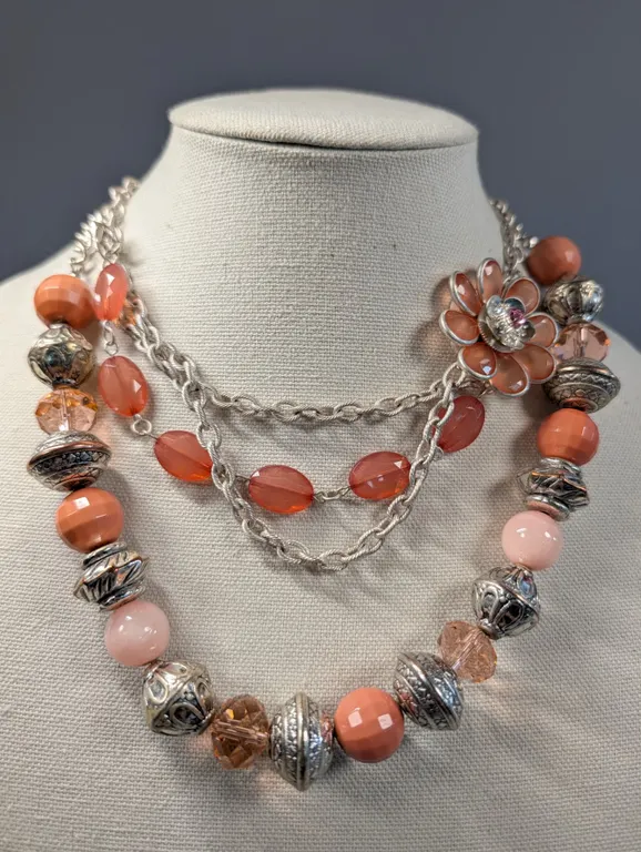 Chunky Beaded Silver Tone Multi-Strand Necklaces