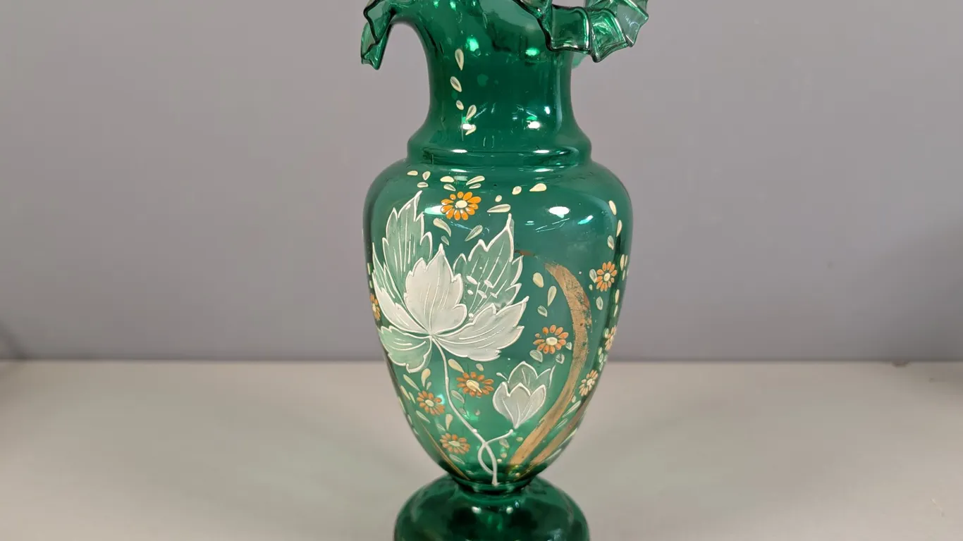 Emerald Green Enamel Decorated Art Glass Ruffled Vase