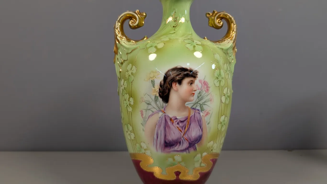 Royal Saxe Germany Hand-Painted Porcelain Vase with Portrait