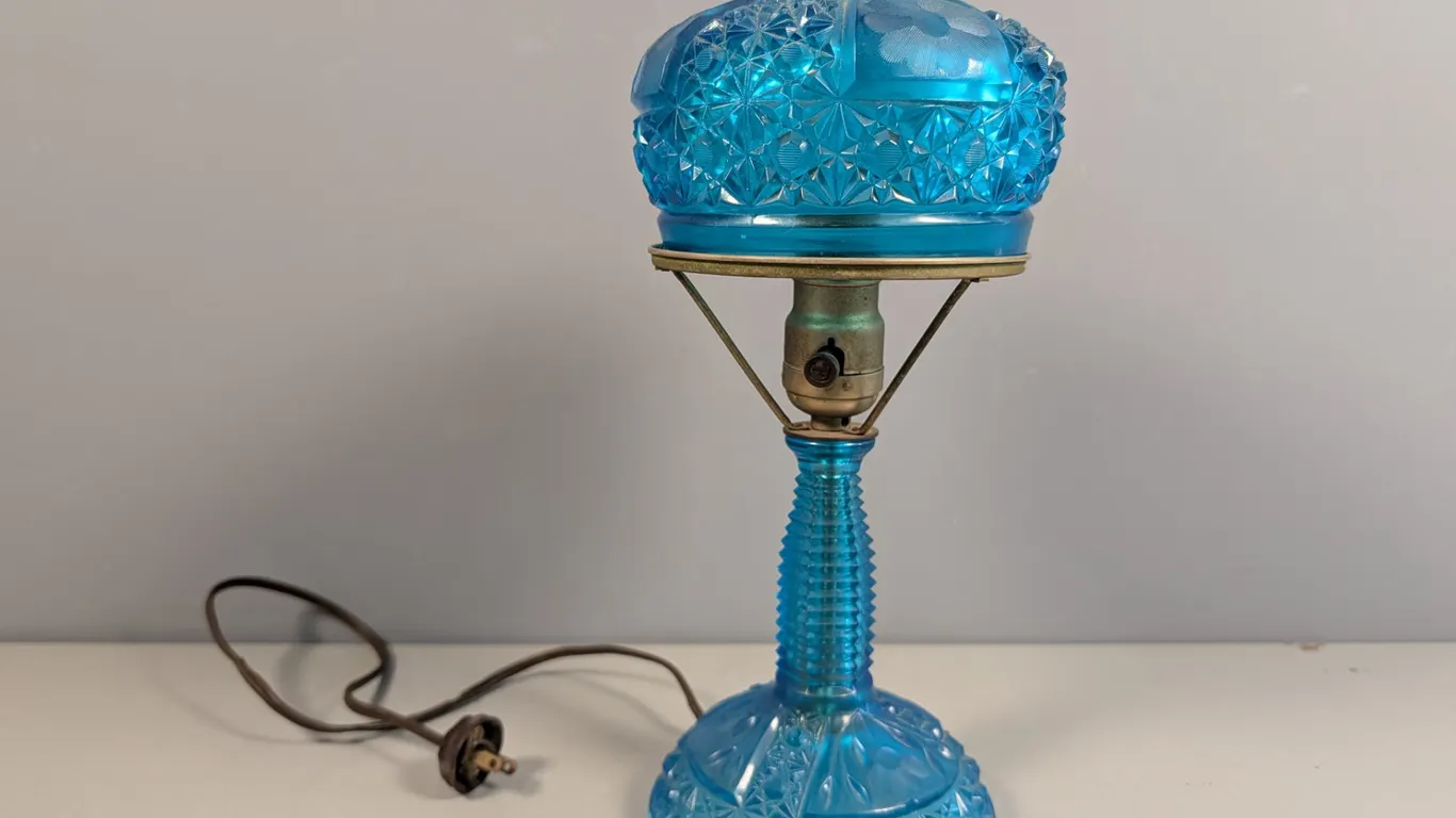 Vintage Blue Pressed Glass Table Lamp with Floral Etching