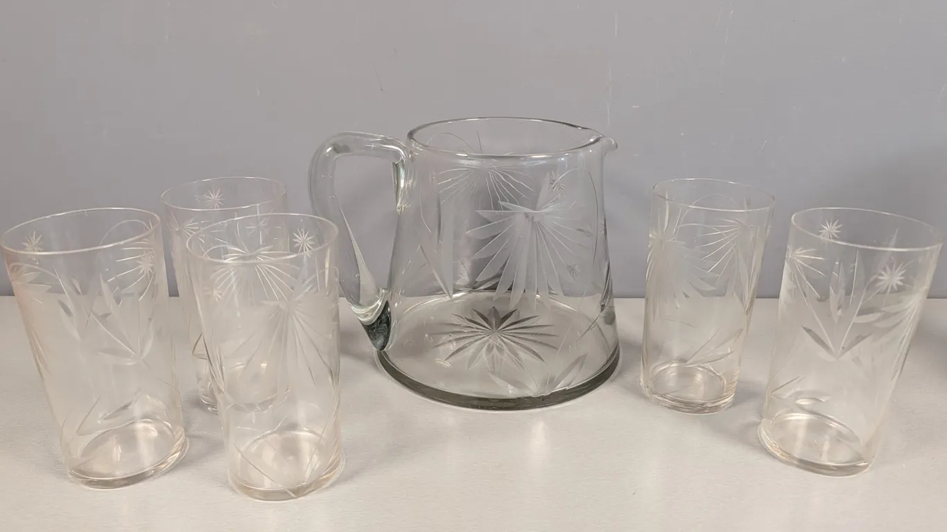Etched Glass Pitcher and Tumbler Set (6 Pieces)