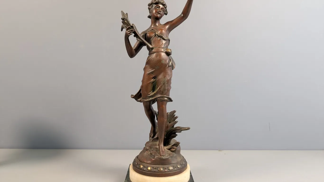 Art Nouveau Bronze Figural Statue on Marble Base