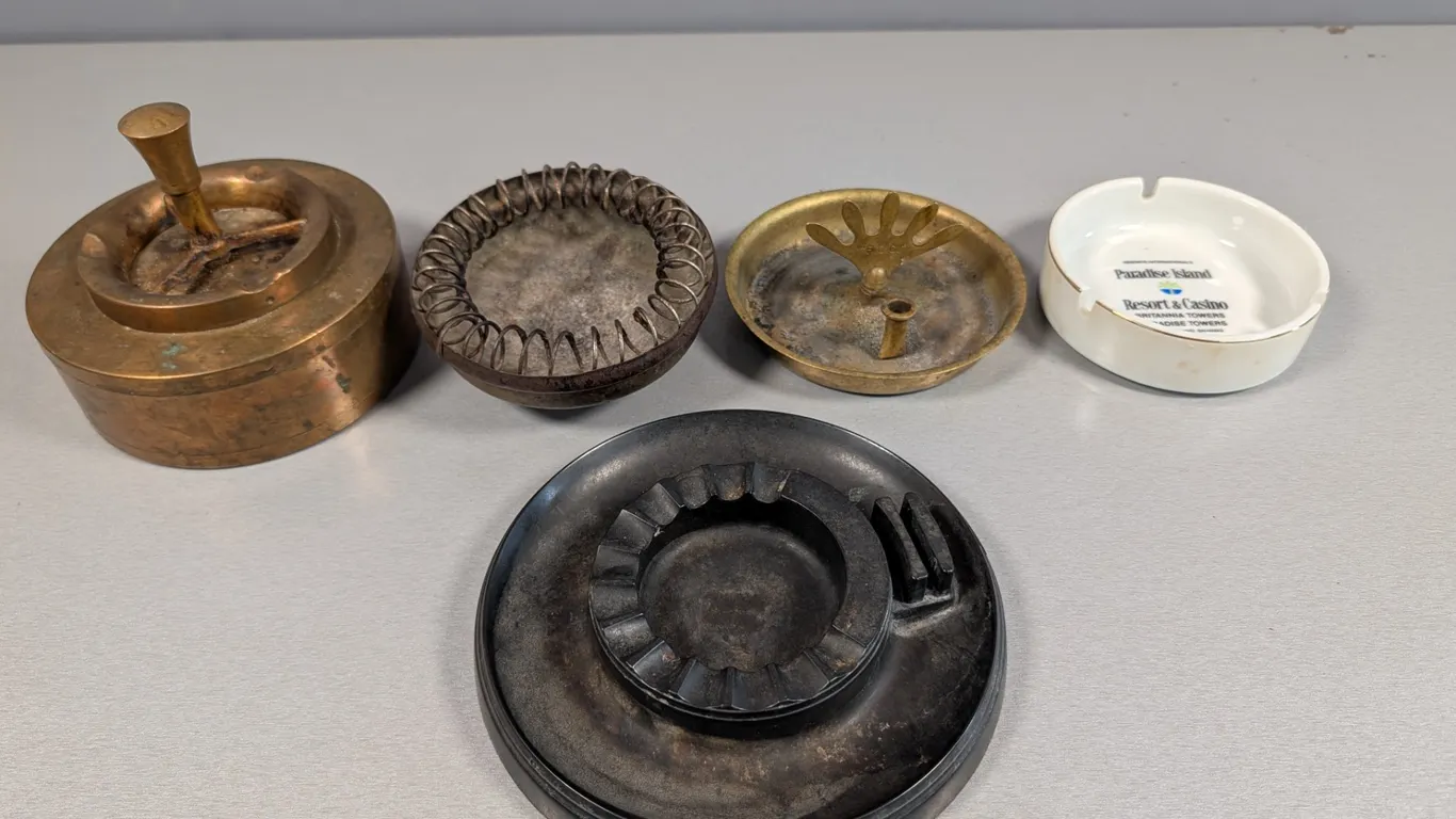 Collection of Vintage Ashtrays - Brass, Copper, Metal, Bakelite, and Porcelain