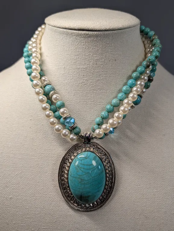 Multi-Strand Faux Pearl and Turquoise-Style Beaded Necklace with Ornate Pendant