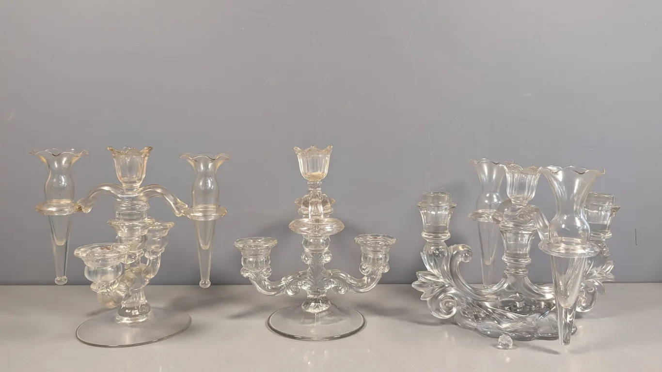Assorted Clear Glass Candelabras and Candle Holders