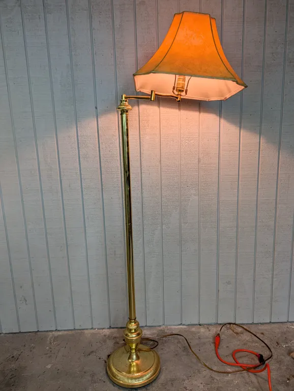 Vintage Brass Swing Arm Floor Lamp with Fabric Shade