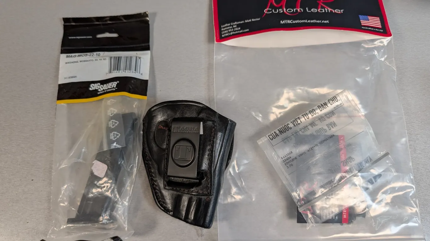 Sig Sauer Magazine, MTR Custom Leather Holster, and Firearm Accessories