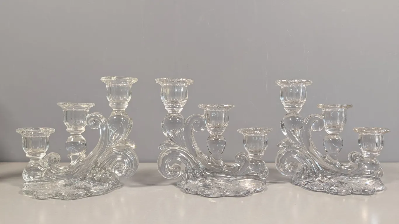 Set of Three Crystal Candelabras with Scrolling Design