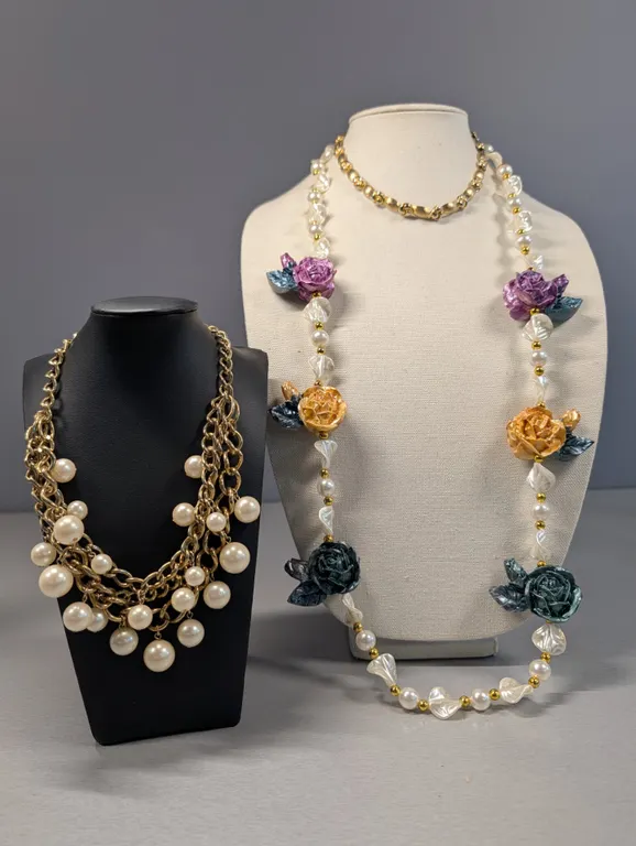 Two Statement Necklaces: Faux Pearl Multi-Strand and Floral Bead