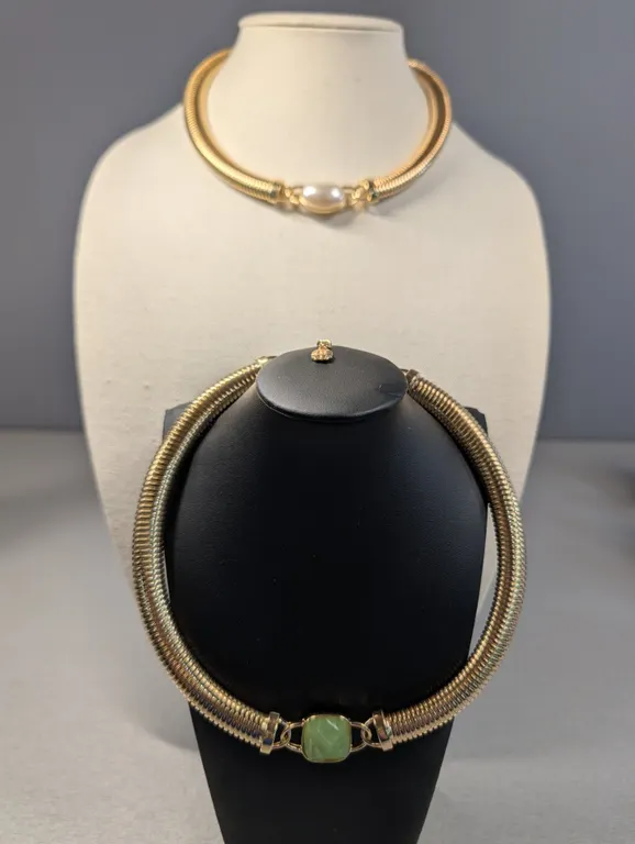 Vintage Gold-Tone Choker Necklaces with Faux Pearl and Green Stone