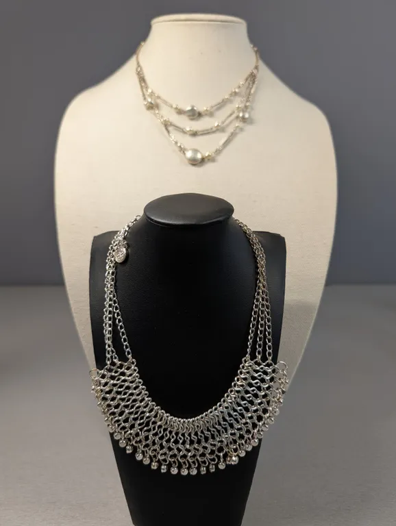 Lot of Two Necklaces: Beaded Silver-Tone Chain and Mesh Collar Necklace
