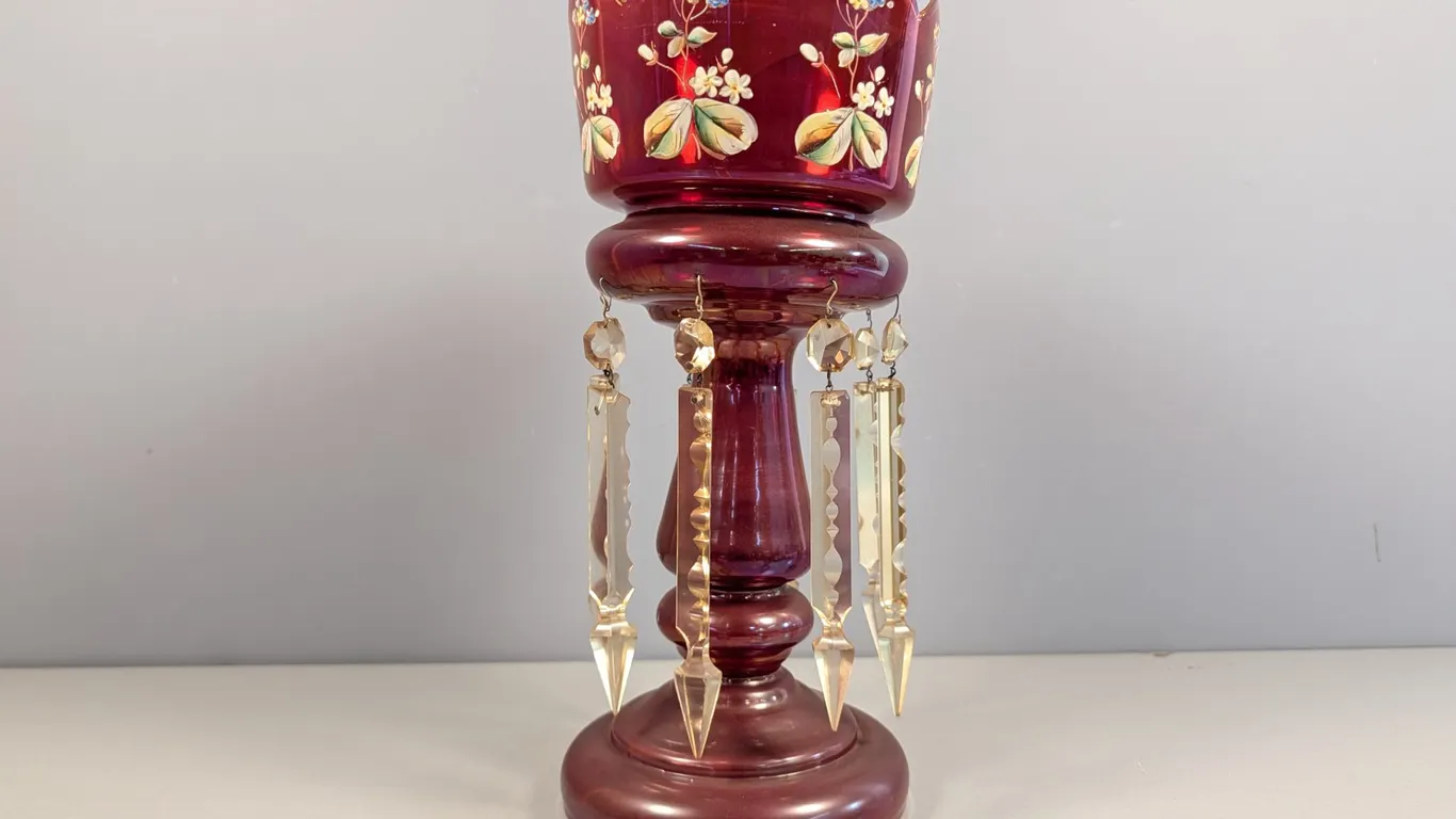 Ruby Red Glass Pedestal Vase with Hand-Painted Florals and Crystal Prisms