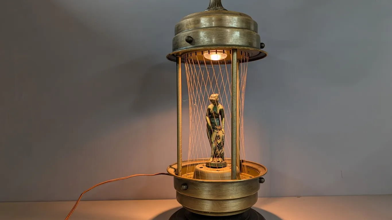 Vintage Brass and Wood Boudoir Lamp with Figural Statue