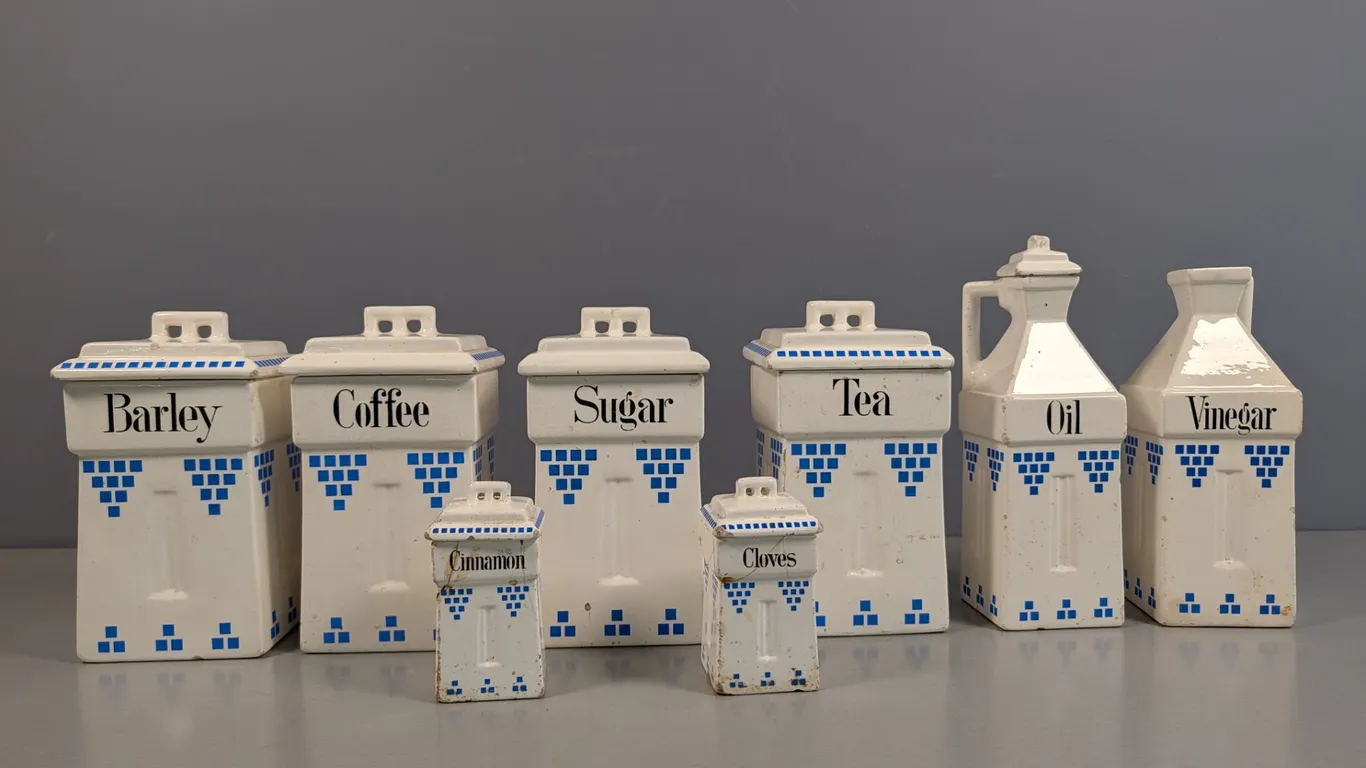 Vintage White and Blue Ceramic Kitchen Canister Set