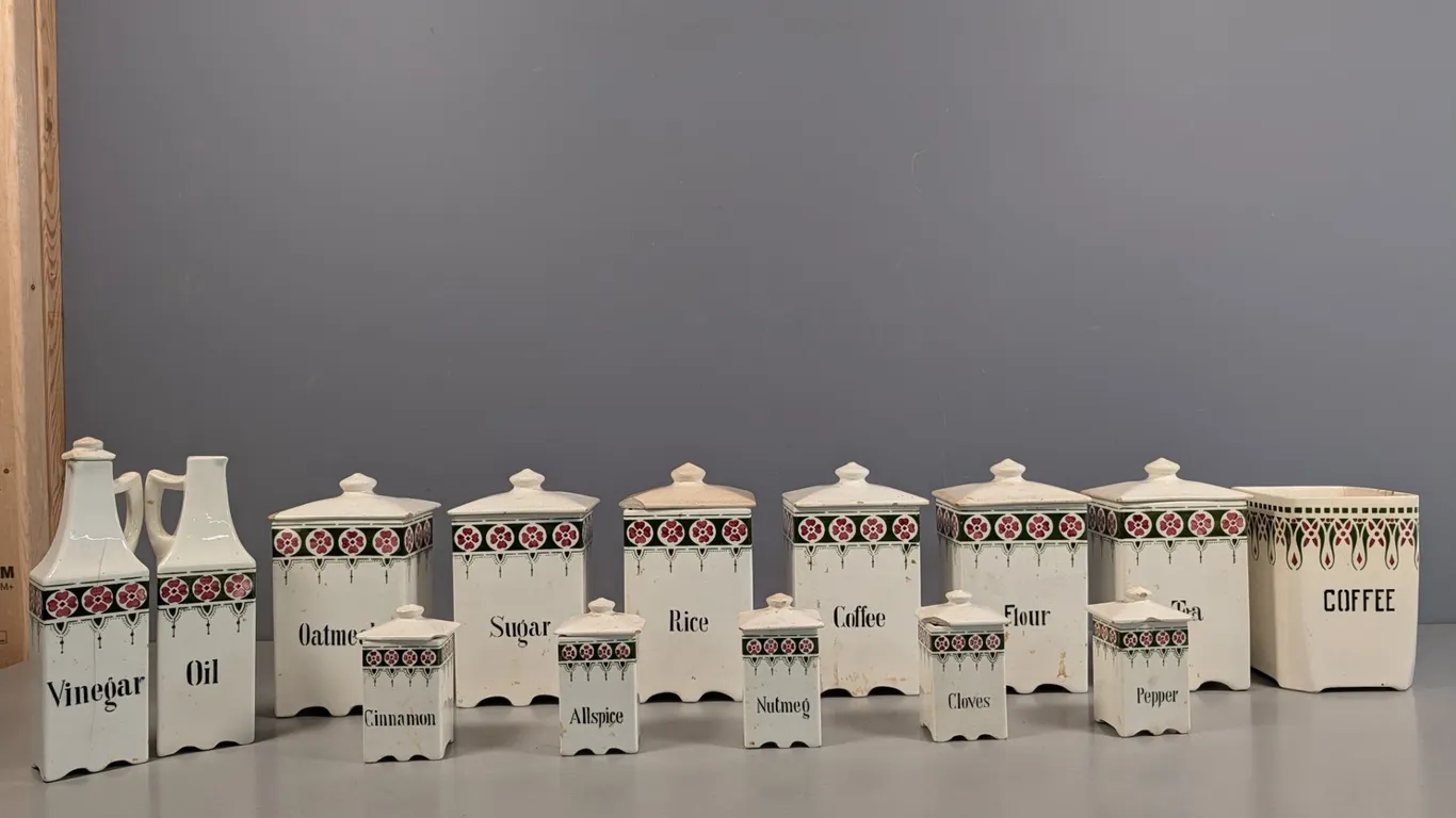 Antique Ceramic Kitchen Canister Set, Floral Motif