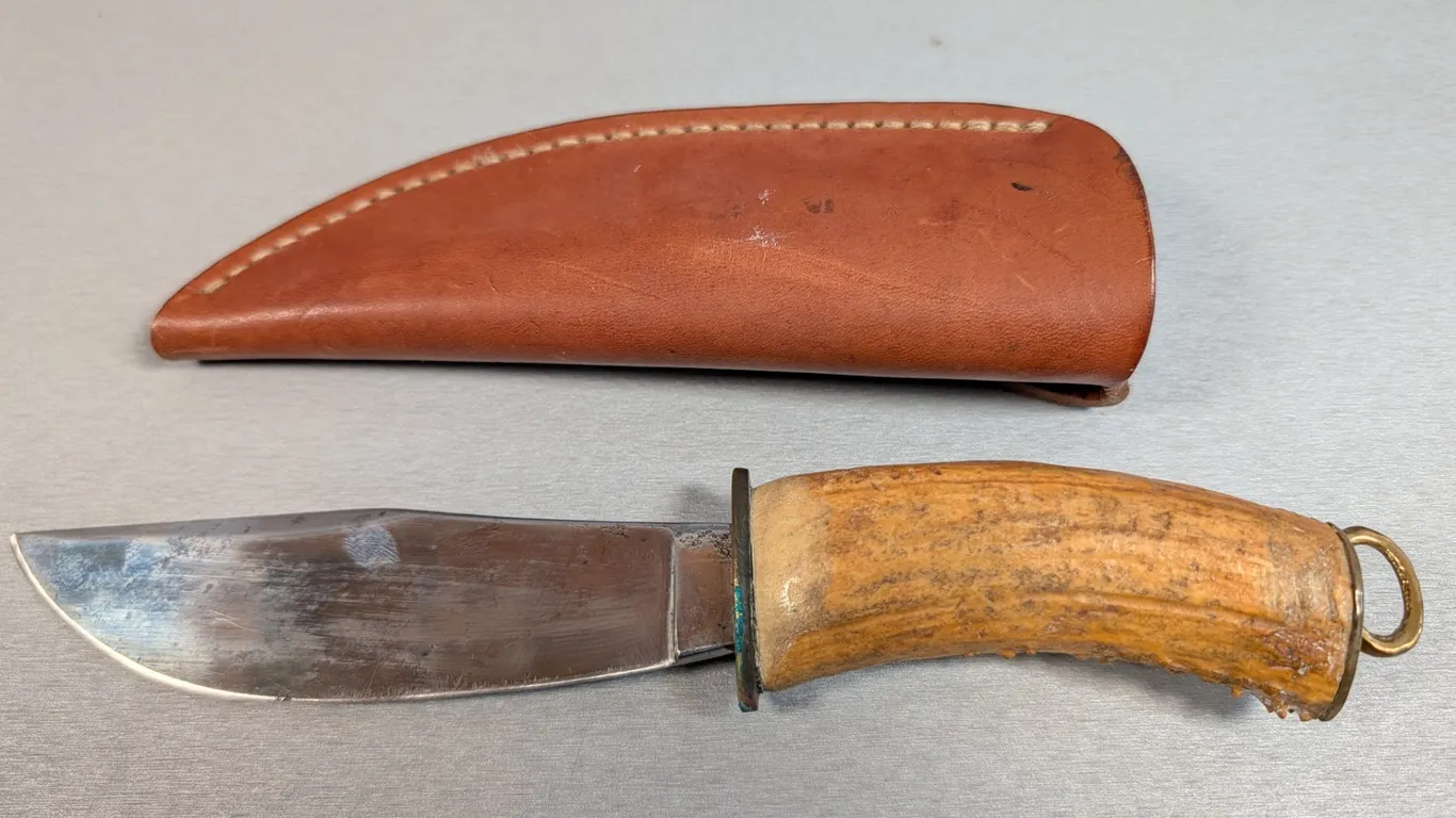 Vintage Antler Handle Hunting Knife with Leather Sheath