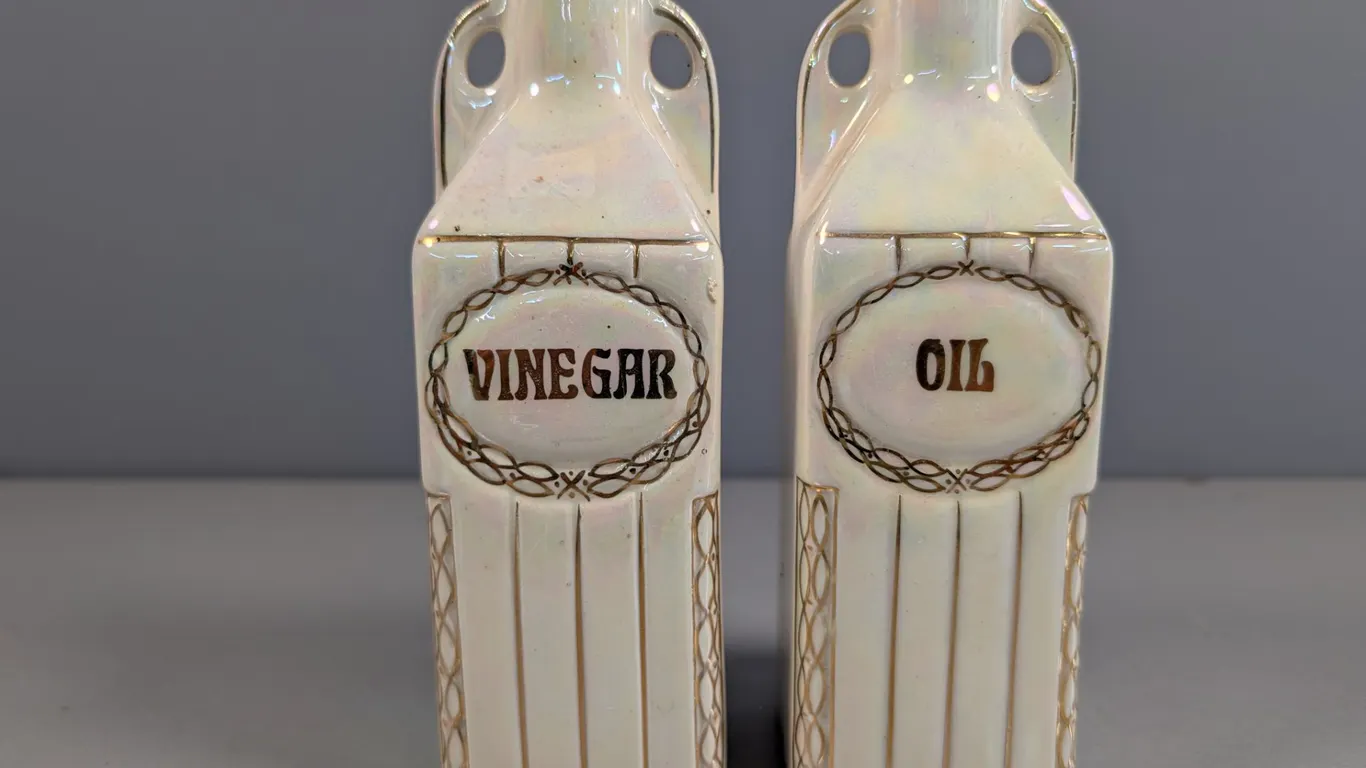 Vintage Iridescent Czechoslovakian Ceramic Oil and Vinegar Cruets