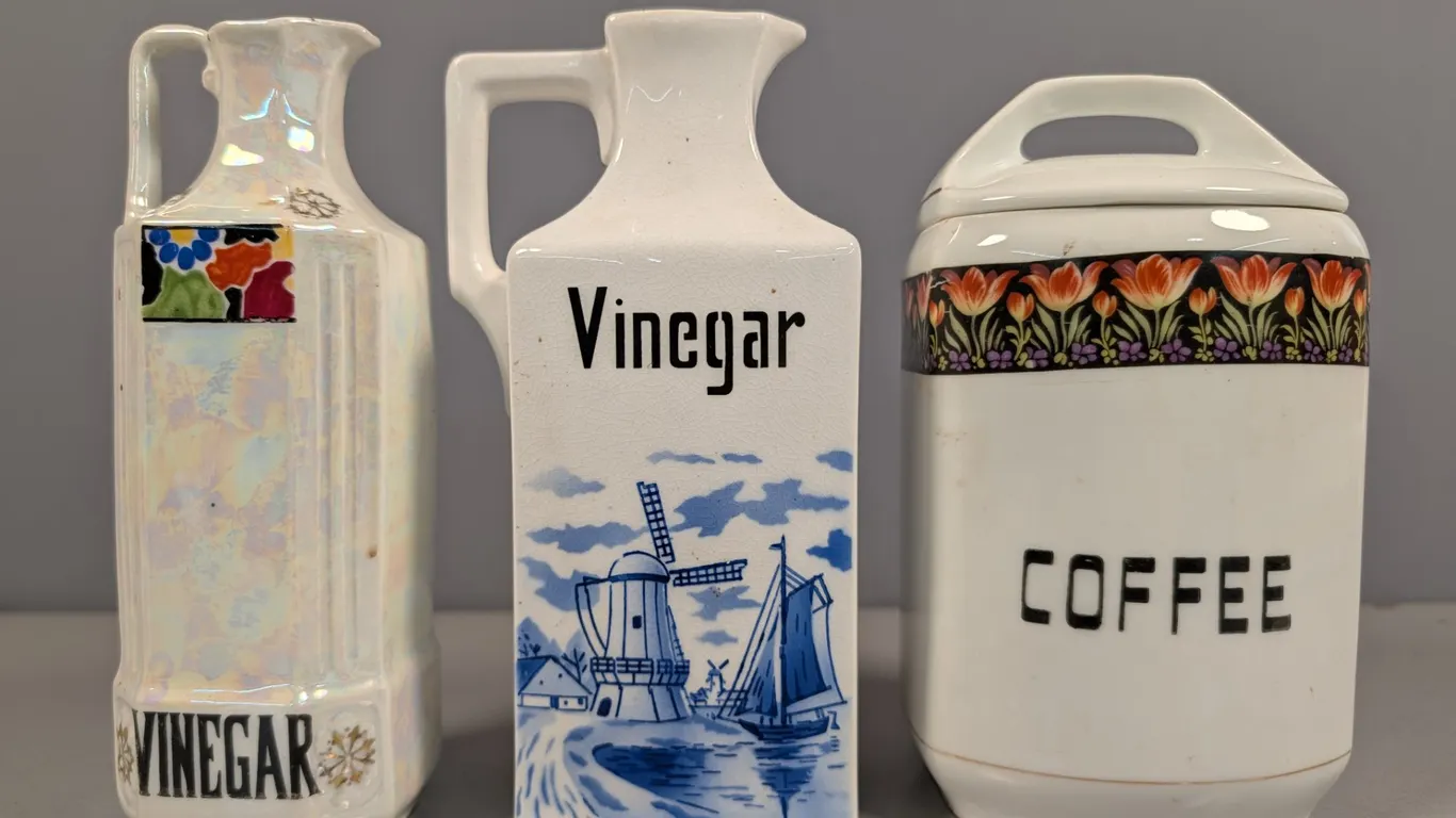 Vintage Porcelain Vinegar Cruets and Coffee Canister