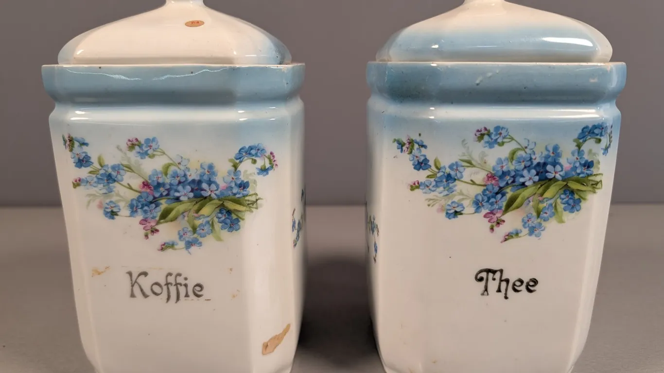 Pair of Antique Blue & White Forget-Me-Not Ceramic Coffee and Tea Canisters