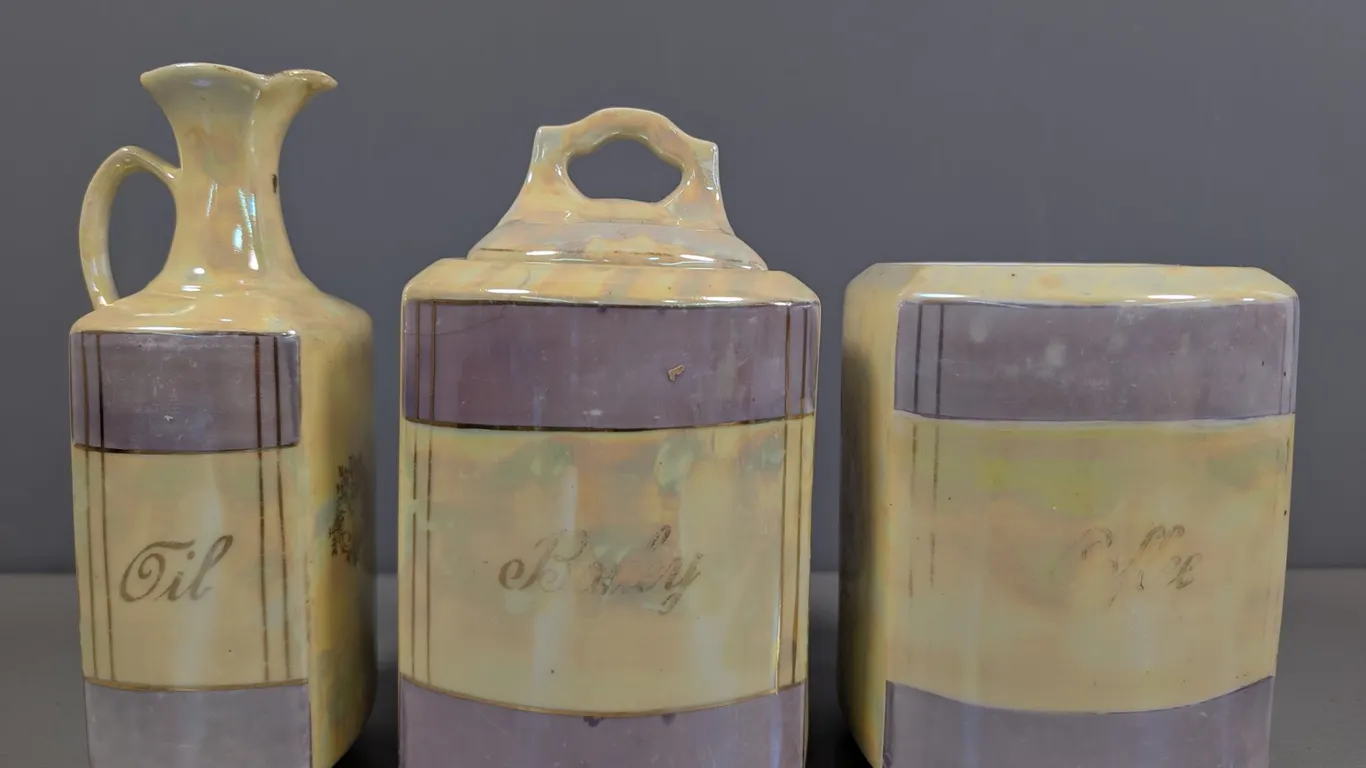 Vintage Czechoslovakia Iridescent Porcelain Kitchen Canister Set (Oil, Barley, Coffee)