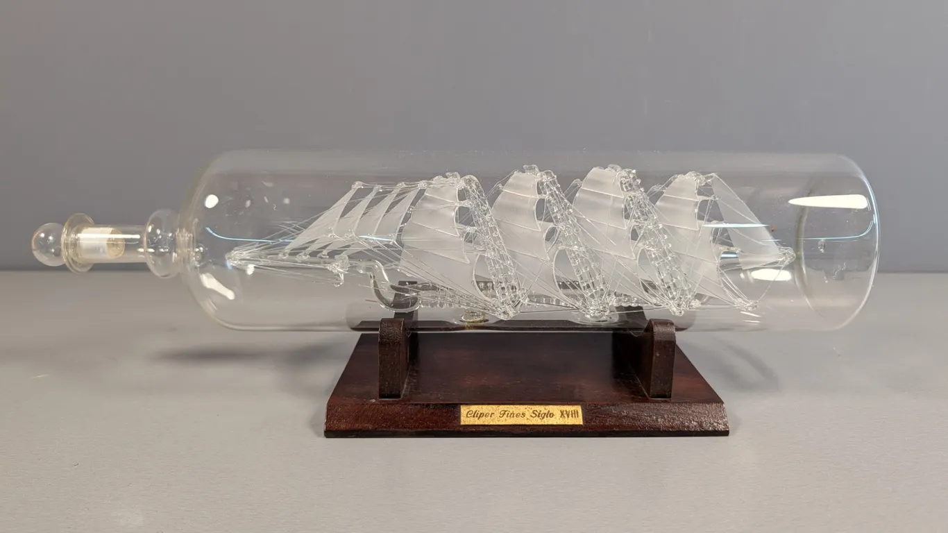 Glass Clipper Ship in a Bottle with Wooden Stand - 18th Century Style