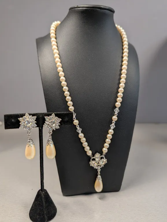 Faux Pearl and Clear Stone Necklace and Earring Set