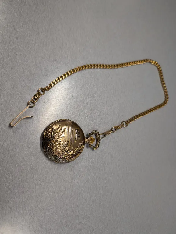 Times Square Quartz Pocket Watch with Embossed Hunter Scene and Chain