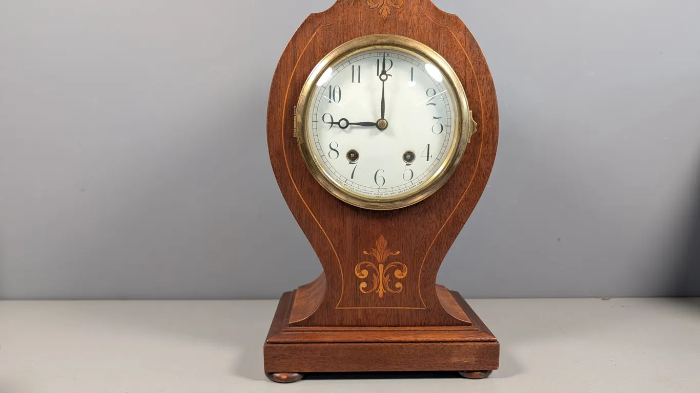 New Haven Clock Company Inlaid Wood Mantel Clock with Key
