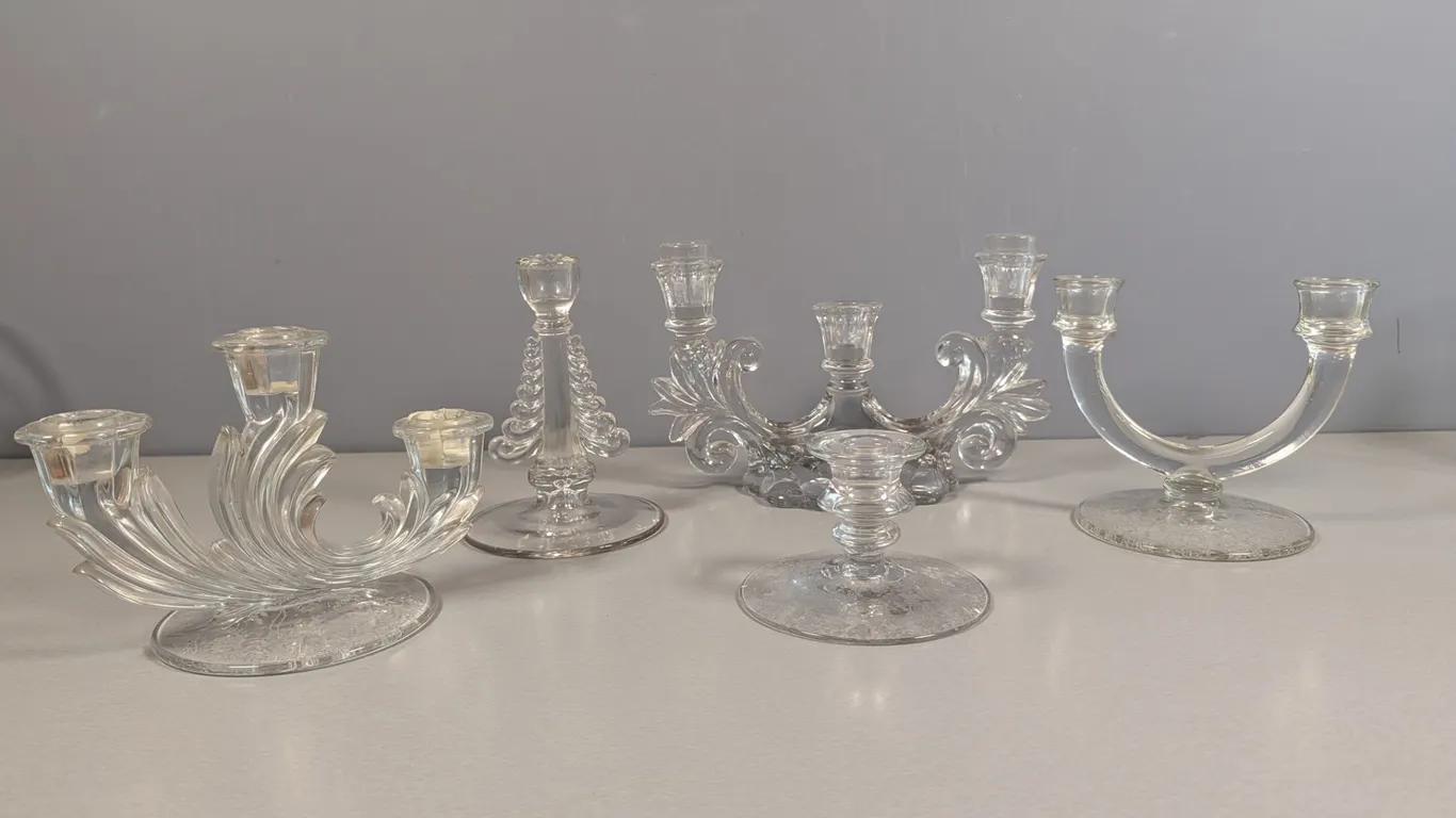 Collection of Five Etched Glass Candle Holders and Candelabras