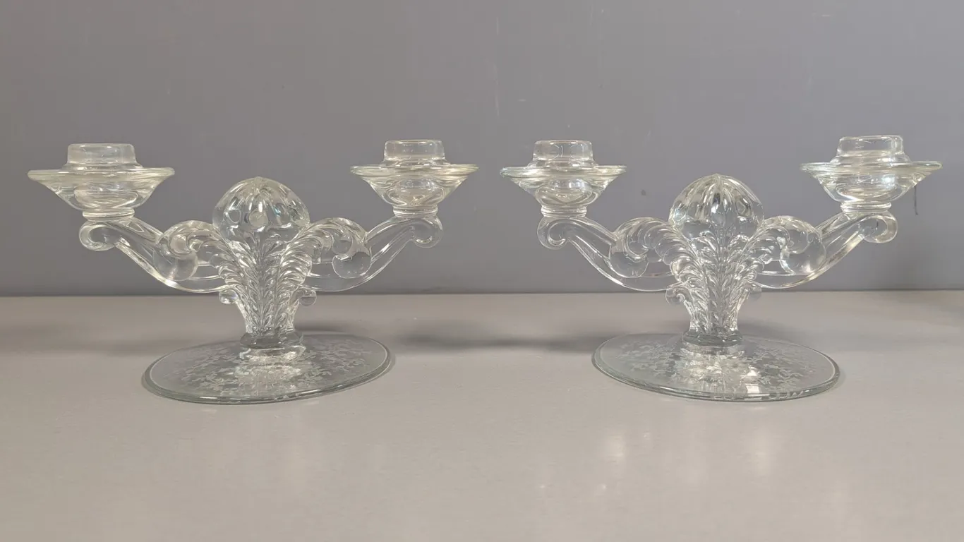 Pair of Clear Glass Three-Light Candelabras