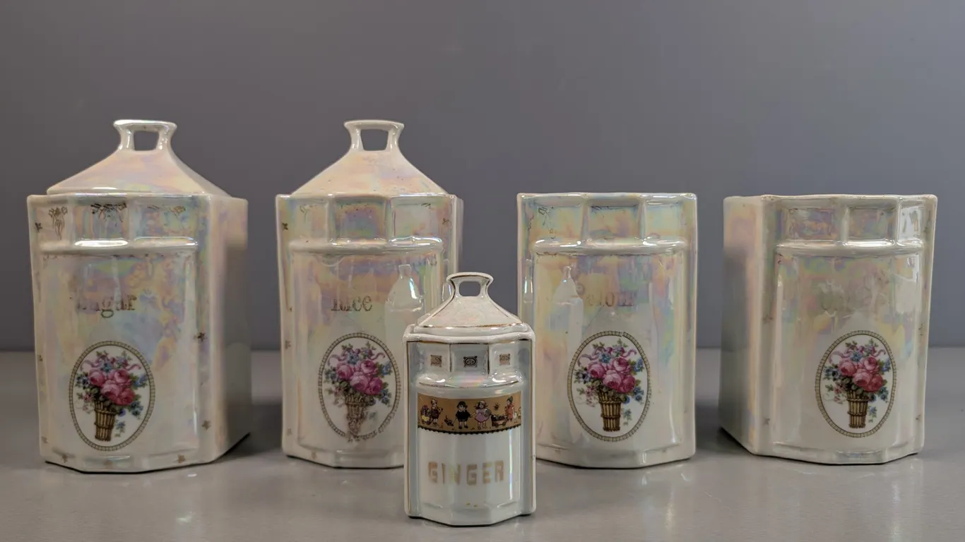 Vintage Iridescent Porcelain Kitchen Canister Set, Czech & German