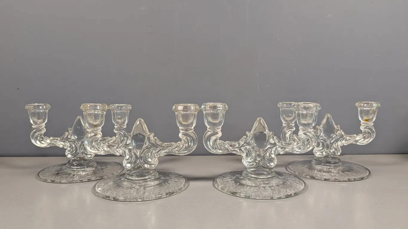 Set of Four Clear Glass Candelabras with Floral Etching