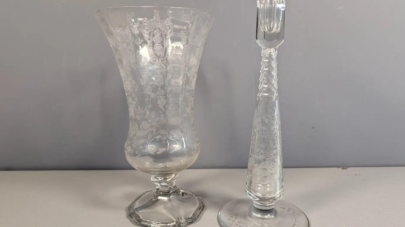 Etched Floral Clear Glass Vase and Candlestick