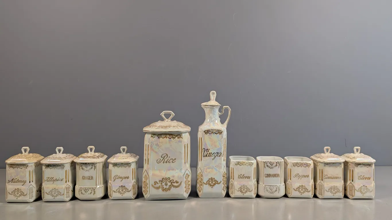 Vintage Iridescent Gold-Decorated Kitchen Canister and Spice Jars