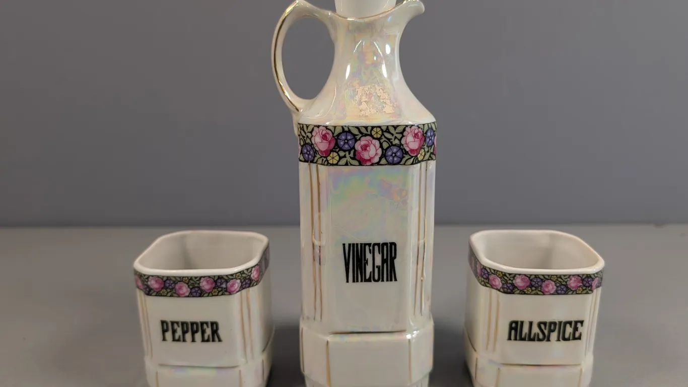 Vintage Iridescent Porcelain Vinegar, pepper , and Spice Set
