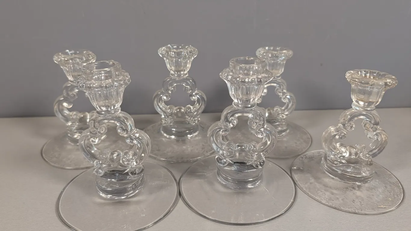Set of 6 Etched Clear Glass Candle Holders