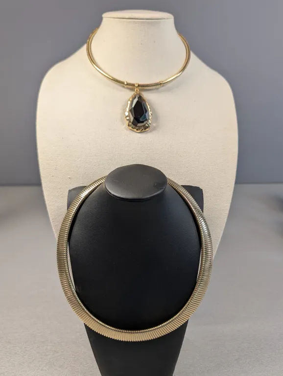Gold Tone Necklace with Large Black Pendant and Gold Tone Choker