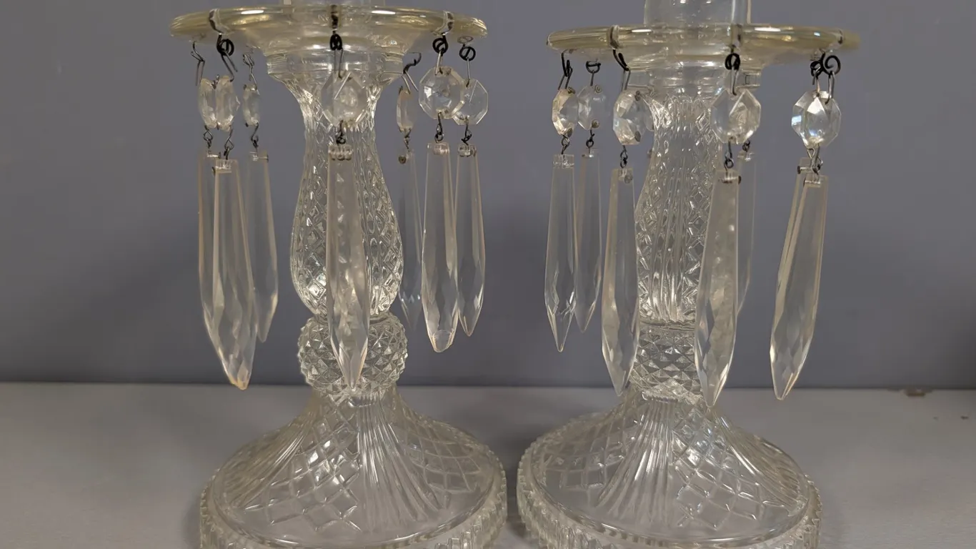 Pair of Cut Glass Candlesticks with Prisms