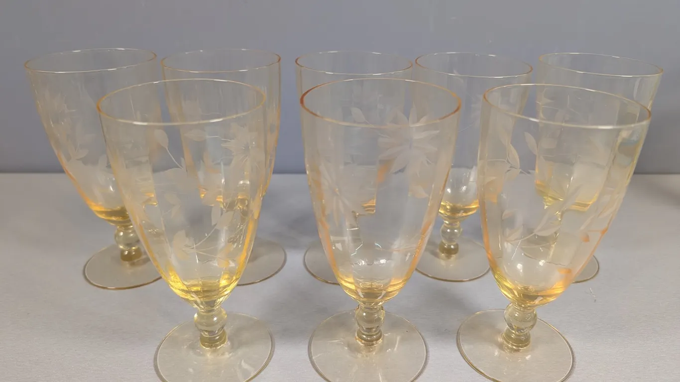 Vintage Etched Amber Glass Stemware Set of 8