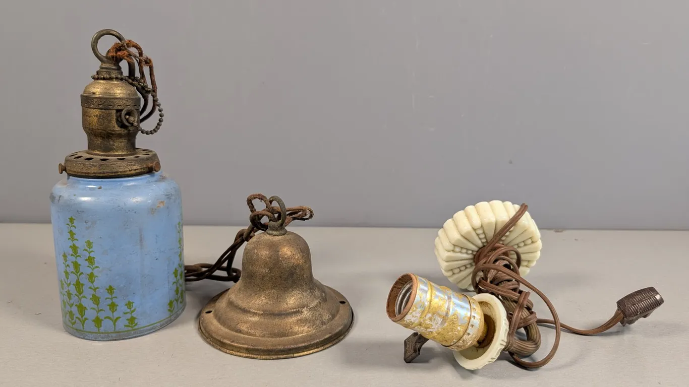 Vintage Blue Glass Light Fixture and Brass Sconce