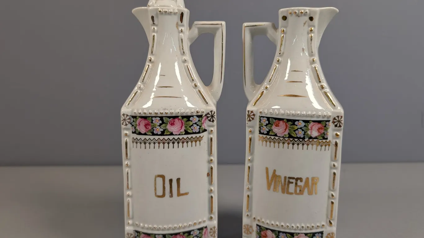 Vintage White Bloch Germany Floral Oil and Vinegar Cruet Set