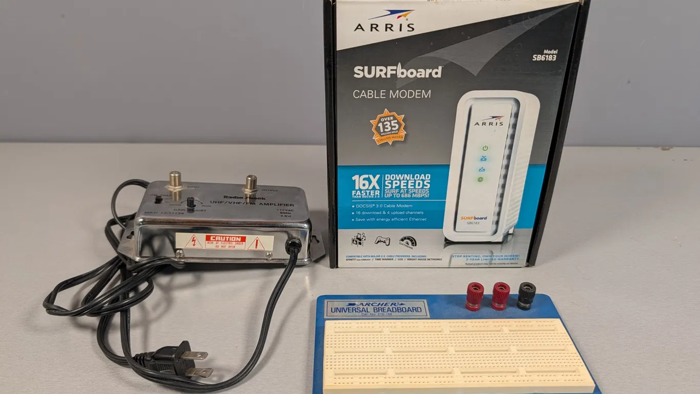 Arris SURFboard Cable Modem, Radio Shack Amplifier, Archer Breadboard Electronics Lot