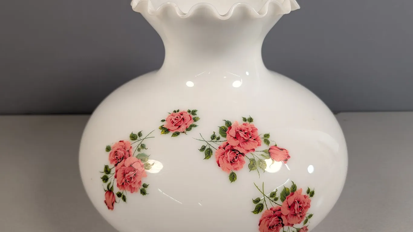 White Milk Glass Lamp Globe with Pink Roses