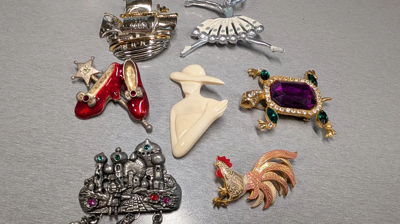 Assorted Figural Brooches Collection: Ship, Ballerina, Red Shoes, Woman, Turtle, Castle, Rooster