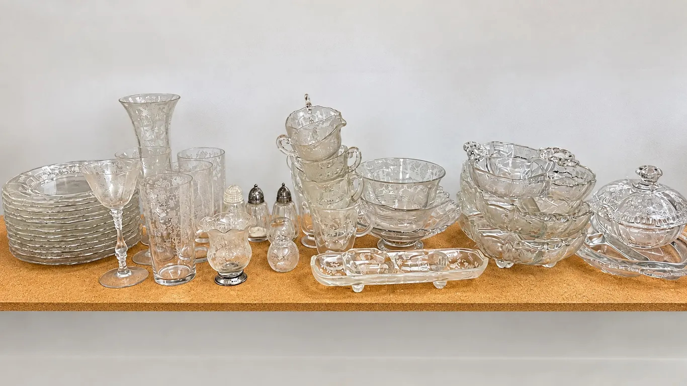 Vintage Etched Glass Dinnerware and Drinkware Set