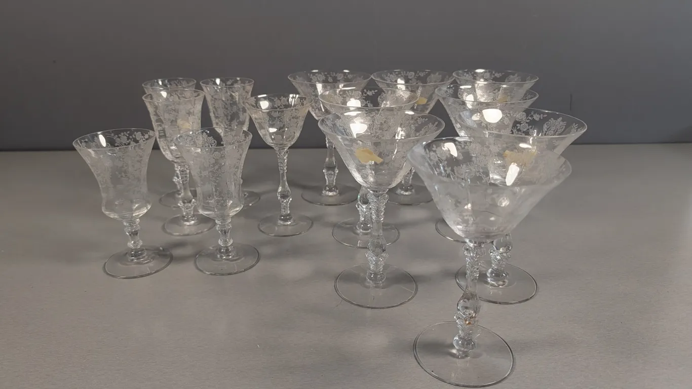 Set of 14 Etched Stemmed Glassware