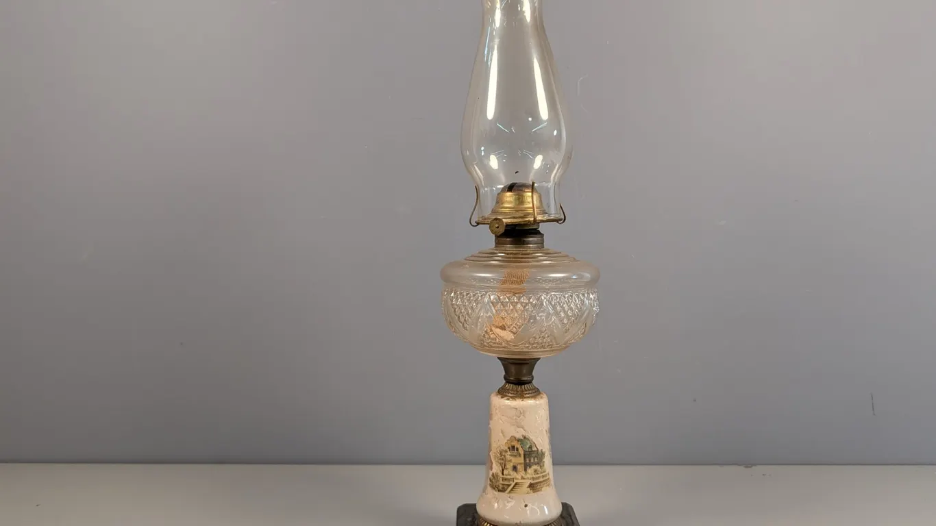 Vintage Kerosene Oil Lamp with Scenic Porcelain Base