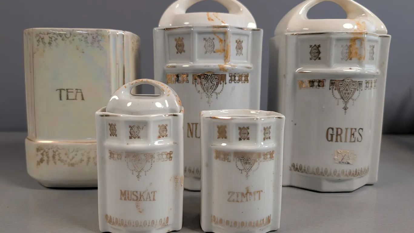 Set of German Porcelain Kitchen Canisters and spice jars