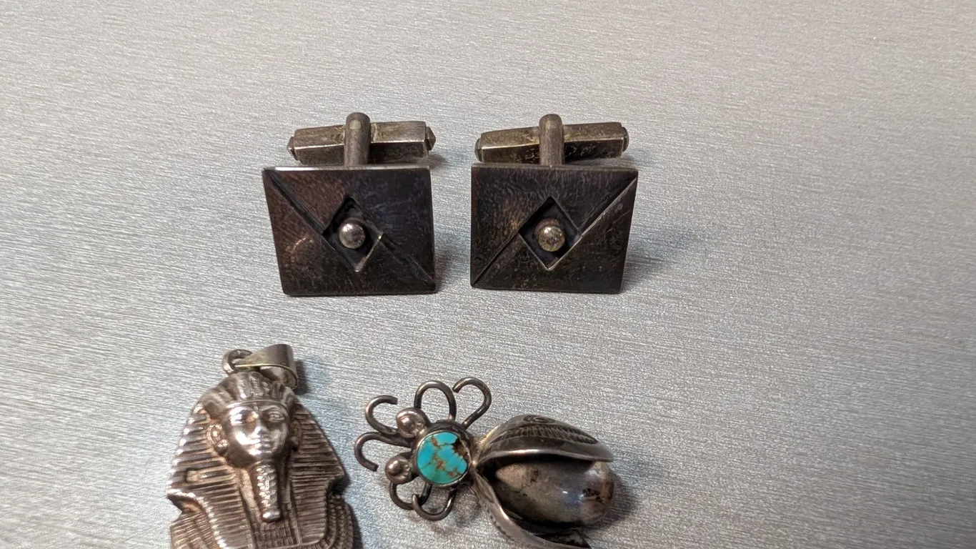 Silver Cufflinks, Pharaoh Pendant, and Brooch