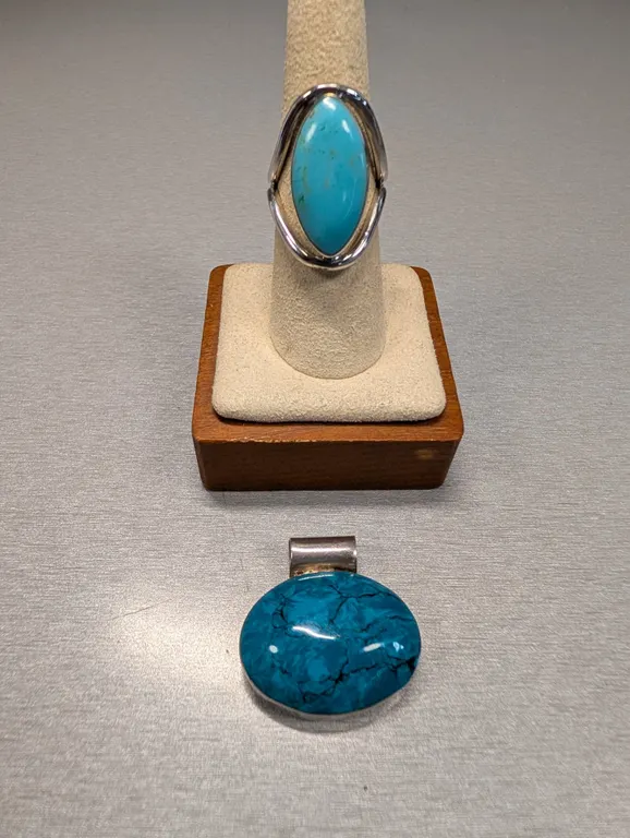 Mexican Silver tone Turquoise Ring and Pendant Set
